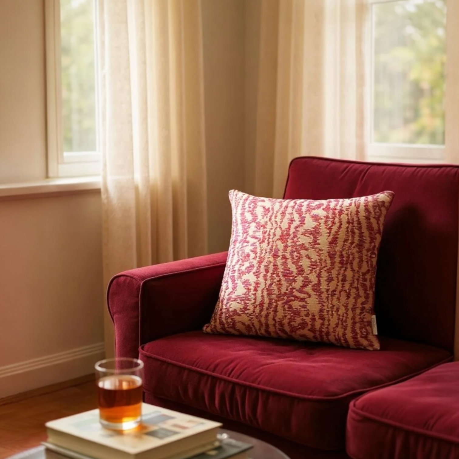 Pink & Beige Jacquard Cushion Cover, Reversible with Velvet Backing - 45x45cm