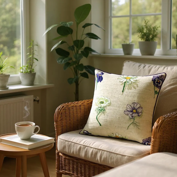 Large Flower Print on Beige Linen Cushion, Reversible - 60x60cm