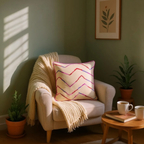 Luxury Beige Cotton Cushion with Pink, Red & Purple Zig Zag Embroidery – Reversible with Silk Backing - 45x45cm