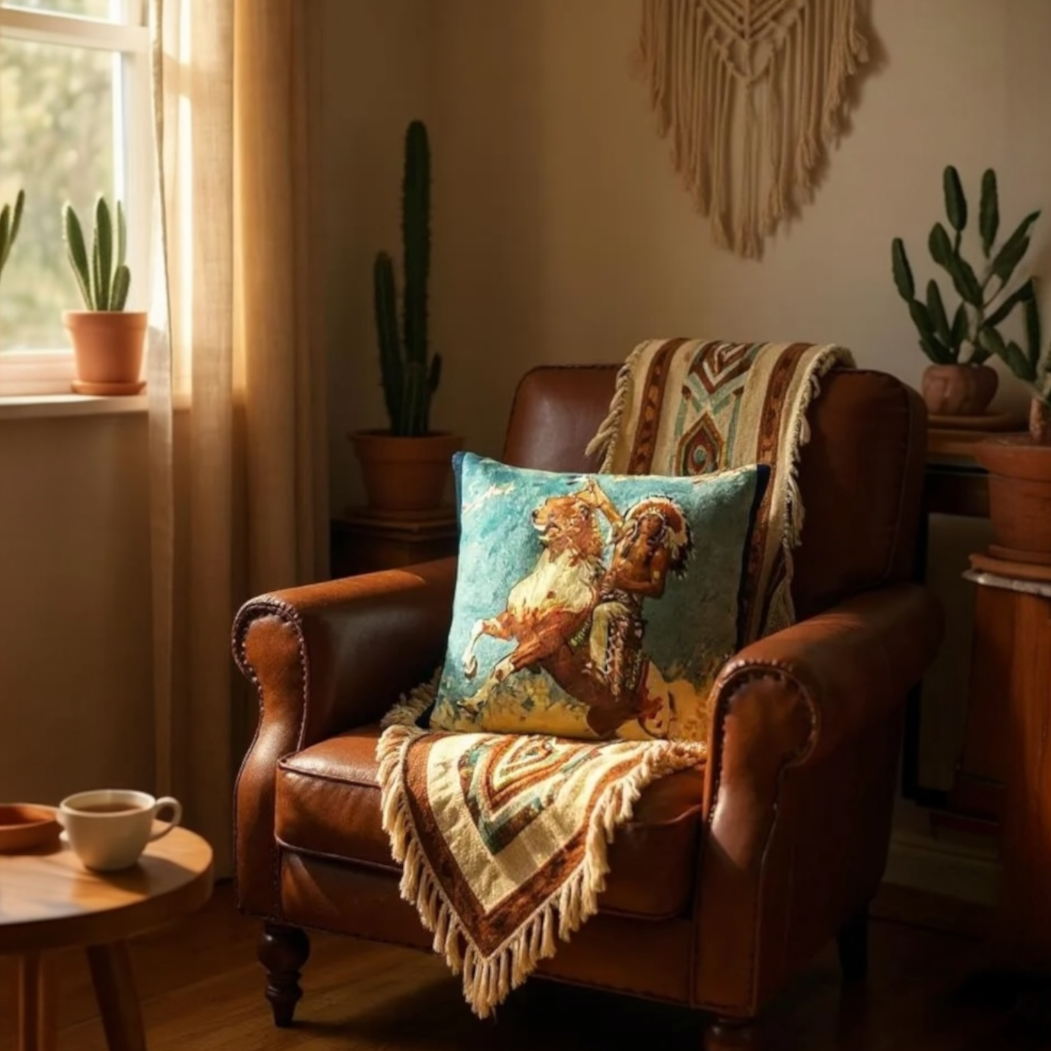 Mounted Native American Multicoloured Novelty Cushion, Reversible - 35x35cm