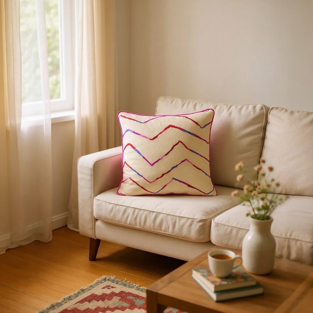 Luxury Beige Cotton Cushion with Pink, Red & Purple Zig Zag Embroidery – Reversible with Silk Backing - 45x45cm