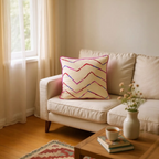 Luxury Beige Cotton Cushion with Pink, Red & Purple Zig Zag Embroidery – Reversible with Silk Backing - 45x45cm