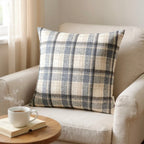 Brown, Beige & Blue Coloured Flannel Wool Checked Cushion Cover - 45x45cm
