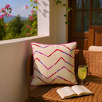 Luxury Beige Cotton Cushion with Pink, Red & Purple Zig Zag Embroidery – Reversible with Silk Backing - 45x45cm