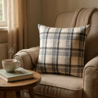 Brown, Beige & Blue Coloured Flannel Wool Checked Cushion Cover - 45x45cm