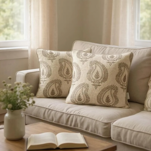 Beige Wool with Brown Paisley Print Cushion, Reversible - 45x45cm