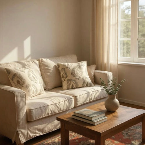 Beige Wool with Brown Paisley Print Cushion, Reversible - 45x45cm