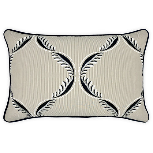 Black & White Embroidery on Beige Striped Cotton Cushion, Reversible - 40x60cm