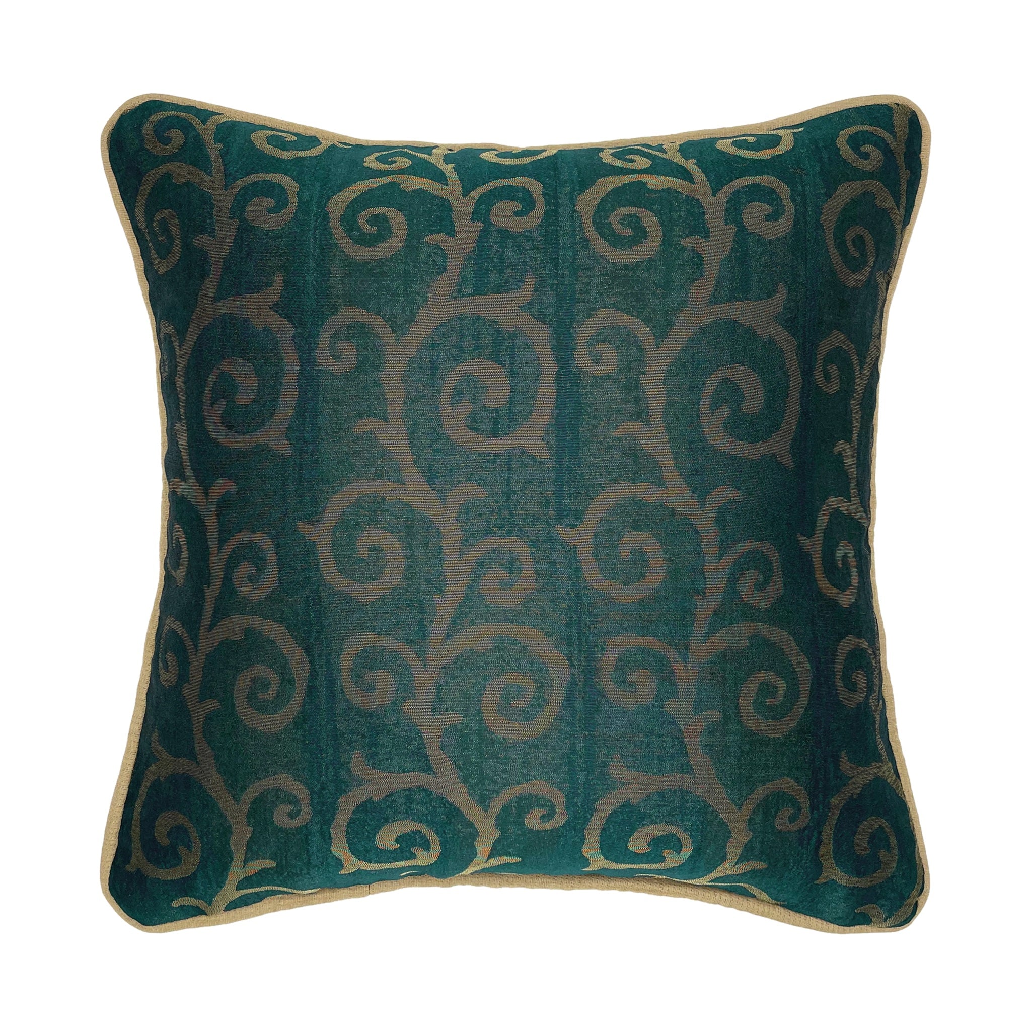 Gold & Green Piped Swirl Motif Luxurious Jacquard Cushion Cover, Reversible - 40x40cm