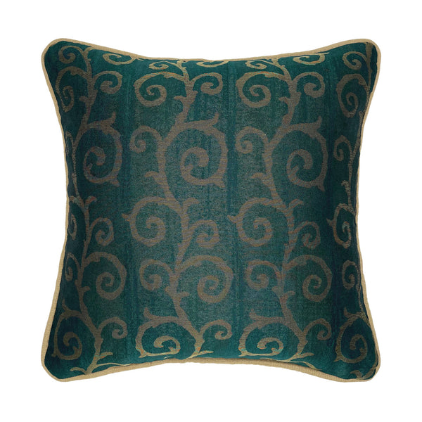 Gold & Green Piped Swirl Motif Luxurious Jacquard Cushion Cover, Reversible - 40x40cm