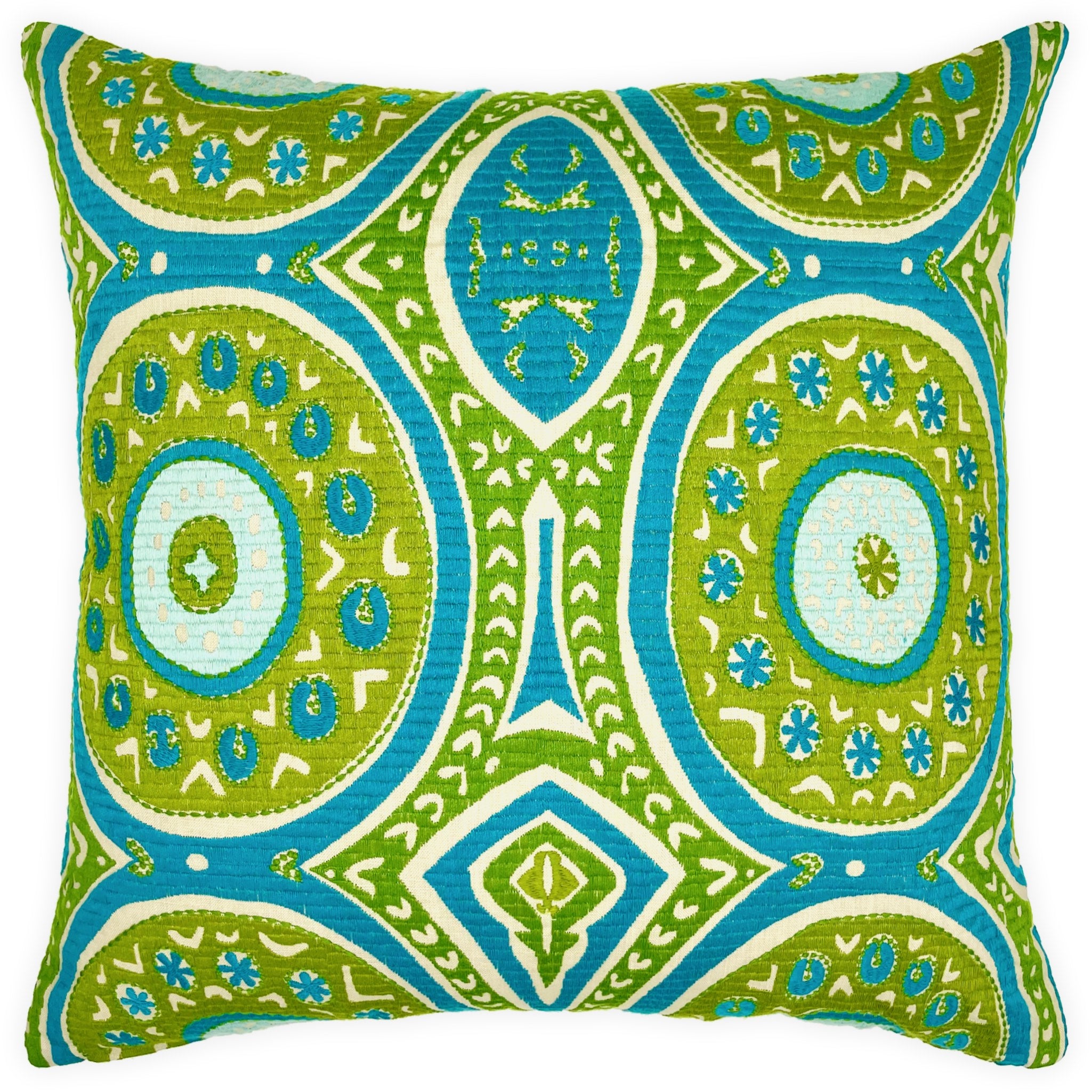 Large sustainable embroidered cushion with green and blue geometric design on linen, reversible wool back, 65x65cm floor cushion.