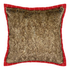Brown Faux Fur Cushion Cover backed & Framed with Checked Red Wool, Reversible - 40x40cm