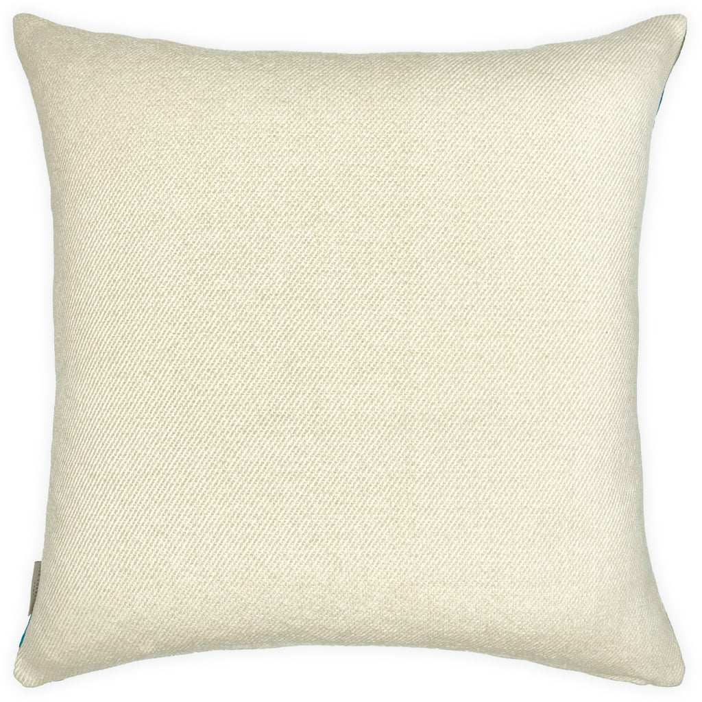 Large sustainable embroidered cushion with green and blue geometric design on linen, reversible wool back, 65x65cm floor cushion.
