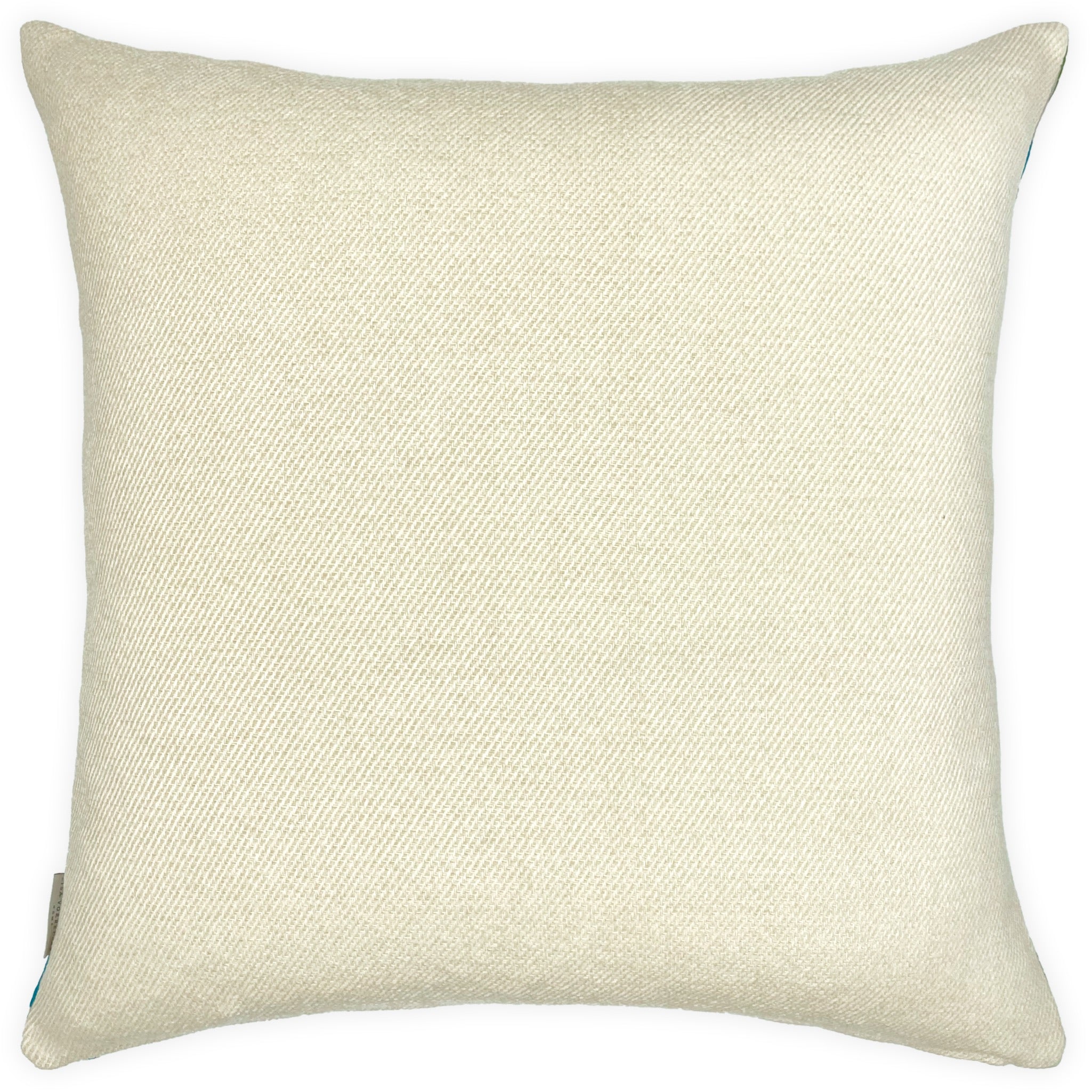 Large sustainable embroidered cushion with green and blue geometric design on linen, reversible wool back, 65x65cm floor cushion.