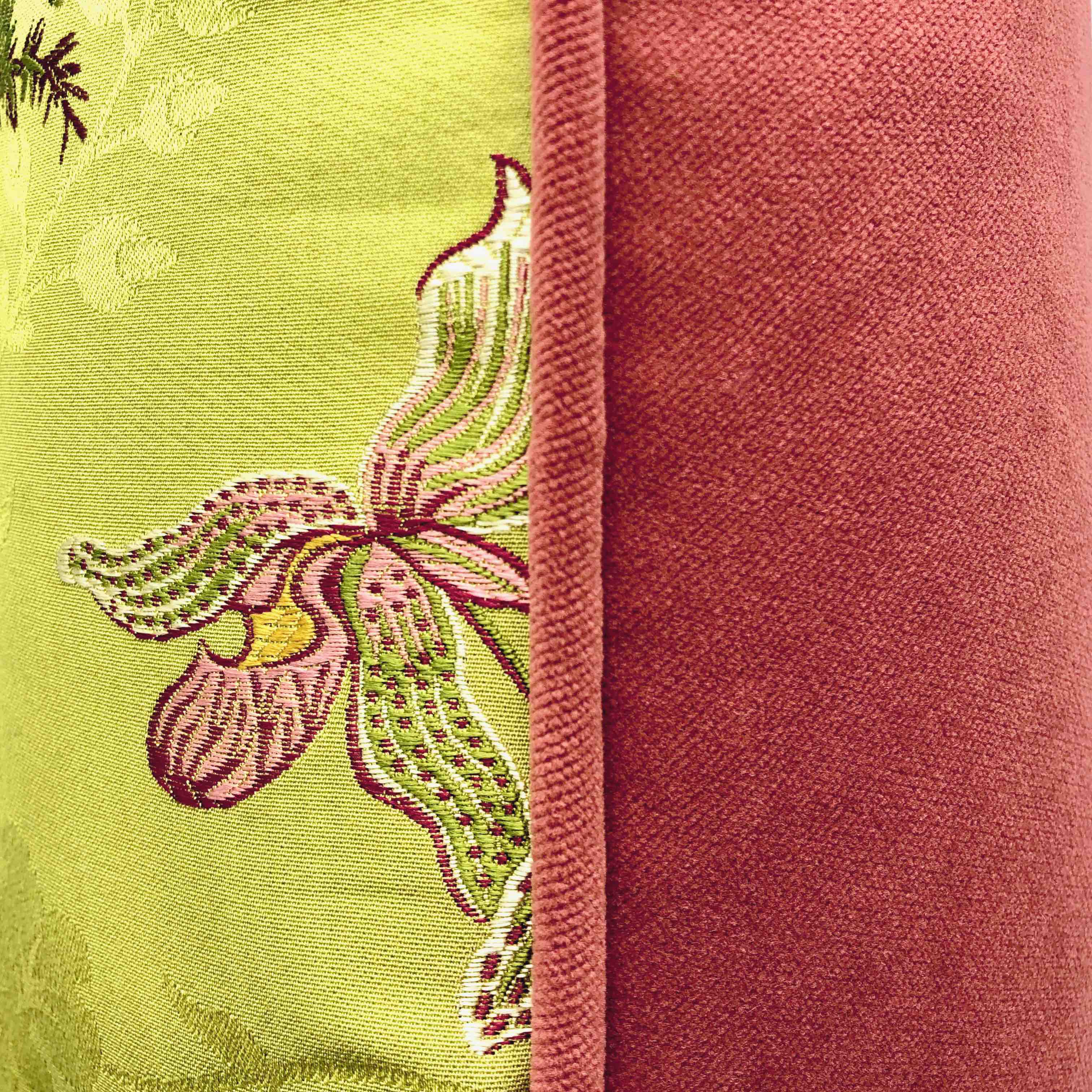 Pink Orchid Embroidery on Green Jacquard Cushion, Reversible - 45x45cm
