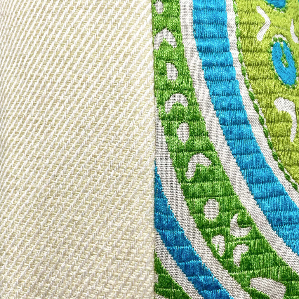 Large sustainable embroidered cushion with green and blue geometric design on linen, reversible wool back, 65x65cm floor cushion.