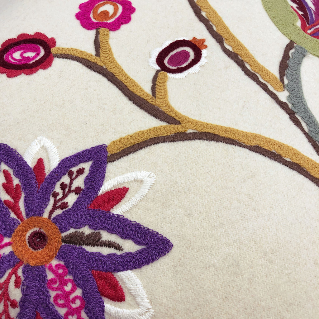 Multicoloured Floral Embroidery Soft Wool Felt Cushion Cover, Purple Backed - 45x45cm