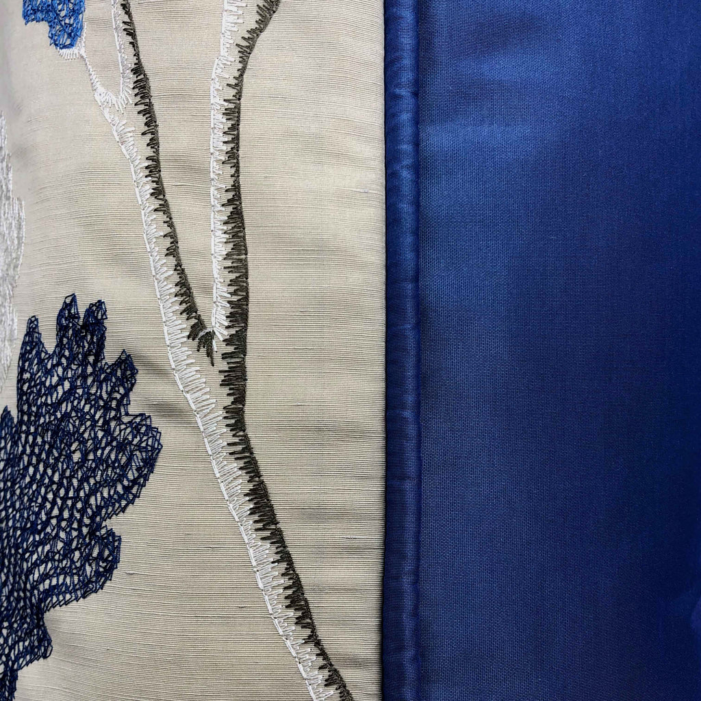 Blue & White Embroidered Acorn Tree on Beige Silk Cushion, Reversible, 60x60cm