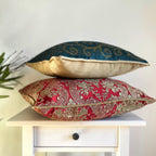 Gold & Green Piped Swirl Motif Luxurious Jacquard Cushion Cover, Reversible - 40x40cm